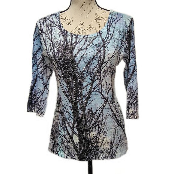 Compliments Tops - Compliments Womens Graphic Top Small Tree Print Sequin Forestfairy Dark Romantic